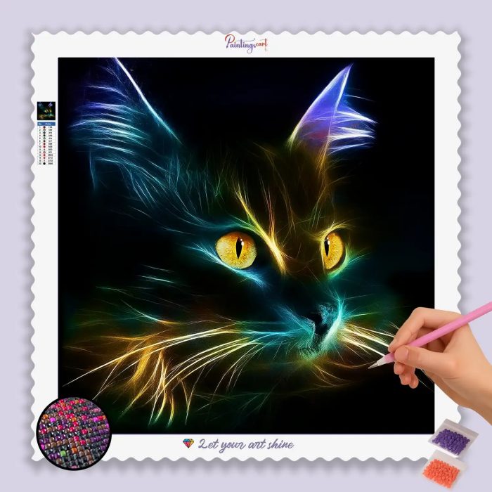 Cat_base-diamond-painting-paintingscart Abstrakte Katze mit Licht