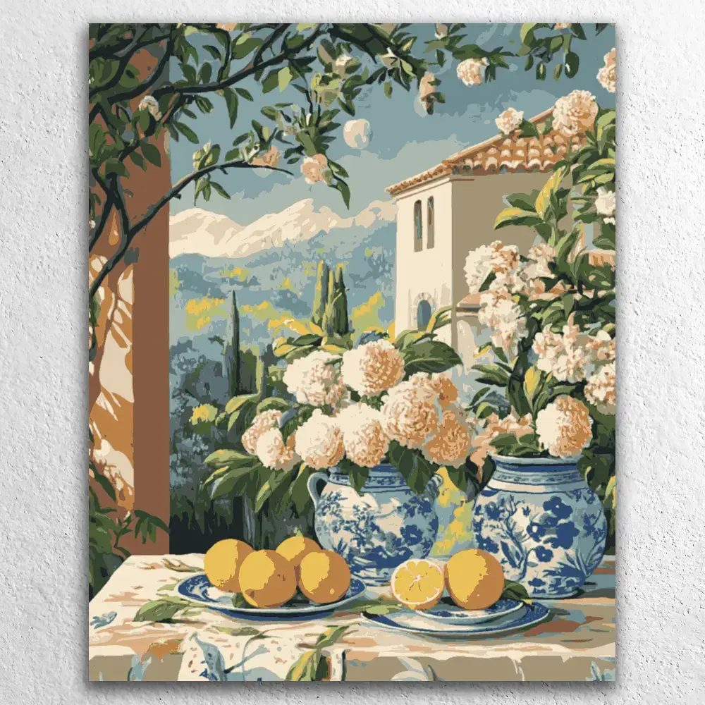 Erlebe südländisches Flair mit dem Motiv Mediterraner Zitronengarten – Malen nach Zahlen. Ideal für alle, die sommerliche Stimmung lieben.