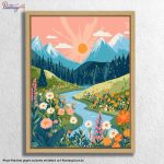 Malen nach Zahlen Naturbild: Blumenwiese mit Sonne, Bergen & Fluss – für entspannte Kreativmomente & stilvolle Frühlingsdeko.