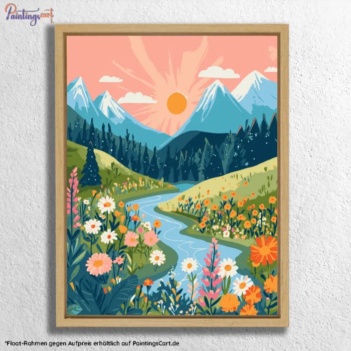 Malen nach Zahlen Naturbild: Blumenwiese mit Sonne, Bergen & Fluss – für entspannte Kreativmomente & stilvolle Frühlingsdeko.