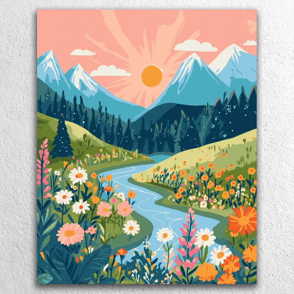 Blühendes Tal im Sonnenaufgang